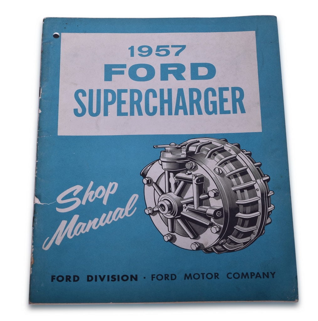 1957 Ford Supercharger Shop Manual: A 24 page manual with specs for the 57' Ford Supercharger used on the Ford car and the Thunderbird. Includes descriptions, maintenance, and adjustment. In original condition with some minor corner wea