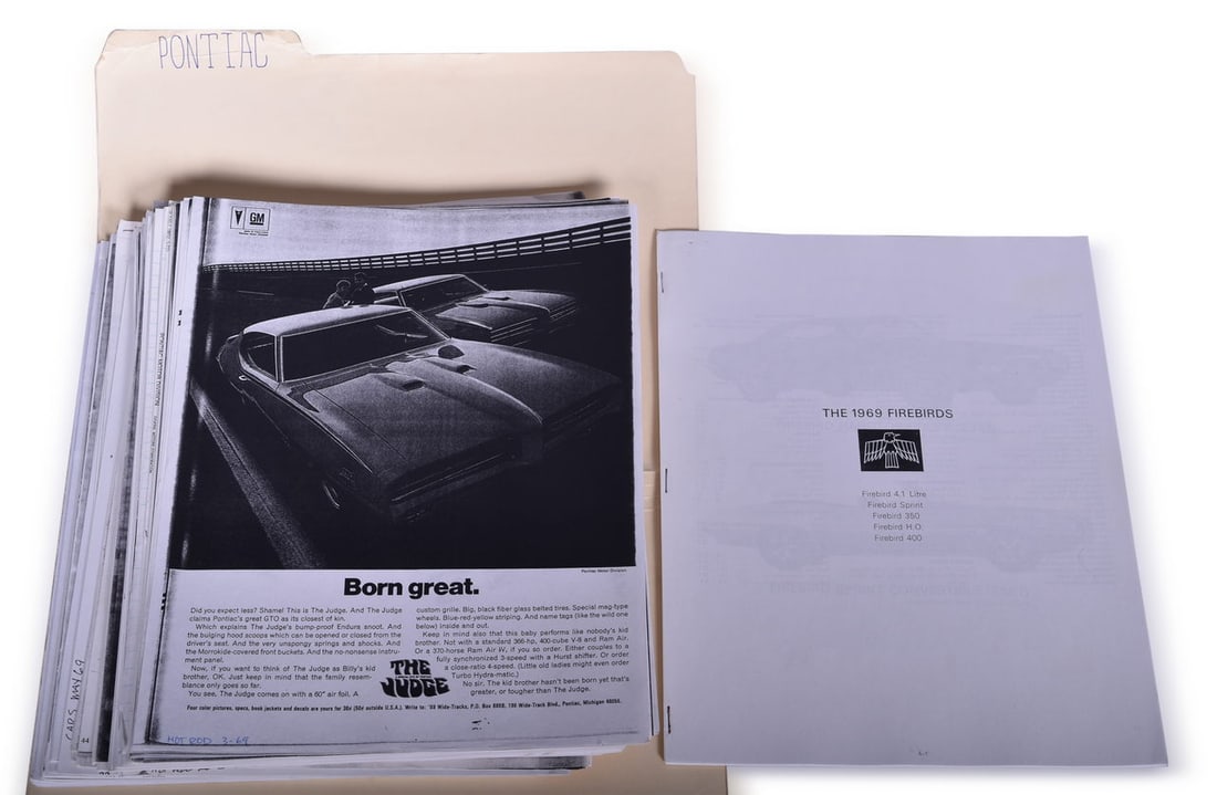 Pontiac Research Folder - Firebird, Can Am, Tempest, GTO, Catalina, etc.: Pontiac research folder consisting of hundreds of pages of research on the Pontiac brand from the mid 1960s and 70s. Includes Can Am information including decal placement, 1969 Firebird model info, Ca