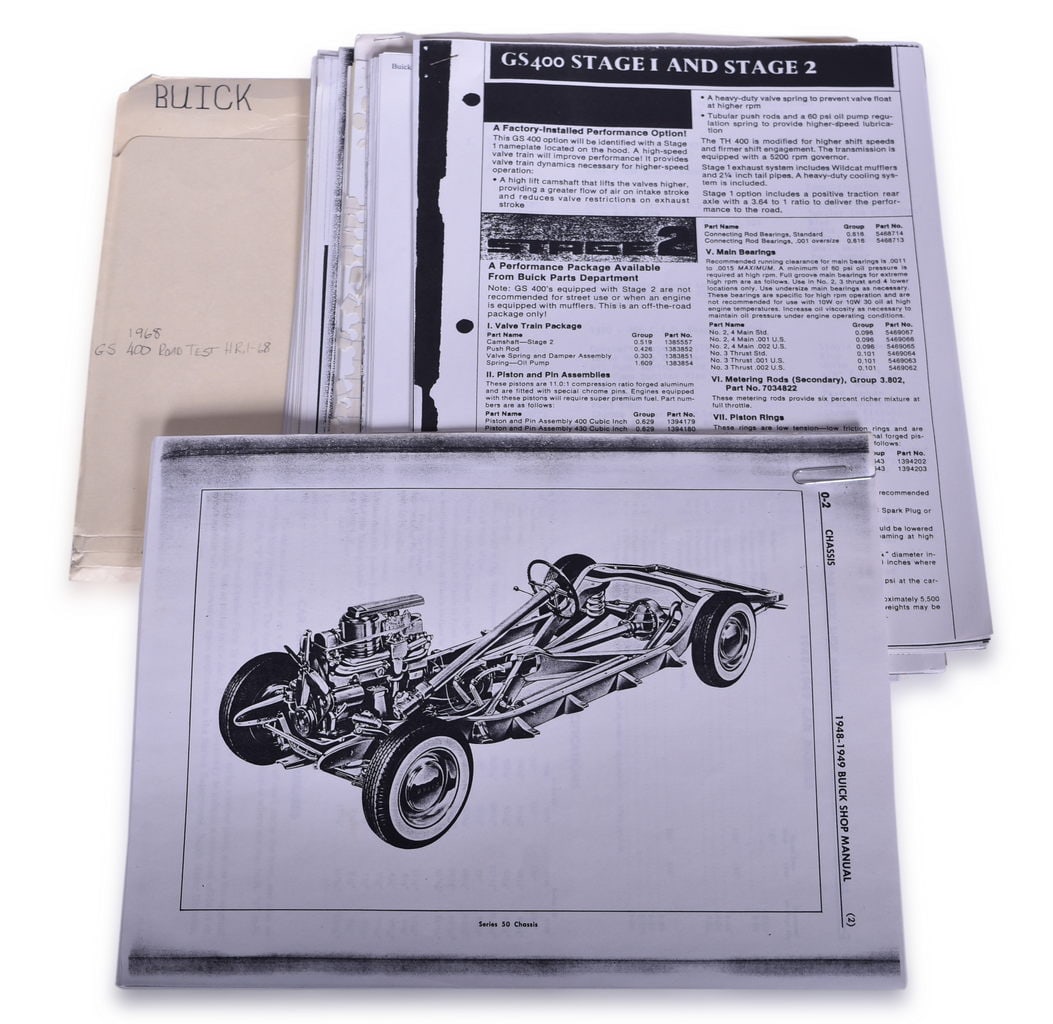 Buick Research Folder - GS 400s, Riviera, Chassis Manuals, Period Articles, and More: A large 1/2" thick folder consisting of photo copies and print outs of Buick research including research on GS400s, Riviera Productions numbers, 1948-49 Buick Shop Manual Chassis, reprinted period art