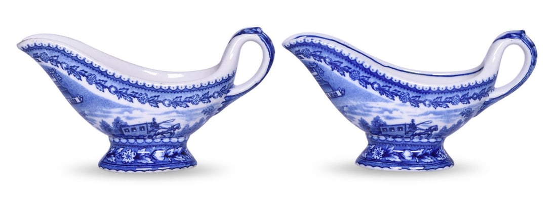 Two Scammell's Lamberton Baltimore & Ohio Railroad China Centenary Sauce Boats: A pair of dining car china sauce boats for the Baltimore & Ohio Railroad in the Centenary pattern, both bottom stamped 1828-1927 Baltimore & Ohio Railroad Scammell's Lamberton China Design Patented, m