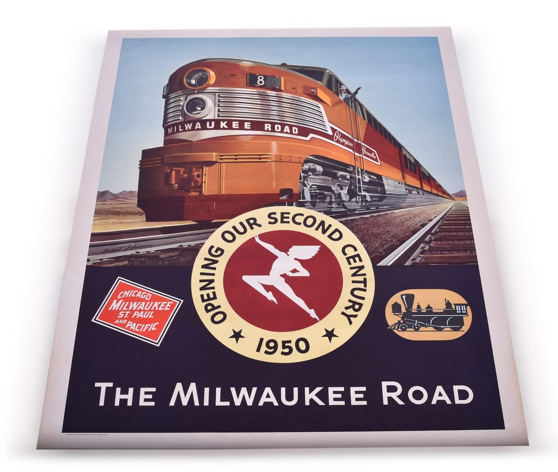 Original 1950 Milwaukee Road / Robert Johnson Olympian Hiawatha Advertising Poster: A very handsome Milwaukee Road advertising poster celebrating the Centennial of the railroad in 1950. Artwork by Robert Johnson, printed by Brown and Bigelow. Very minor edge wear that will hide if fr