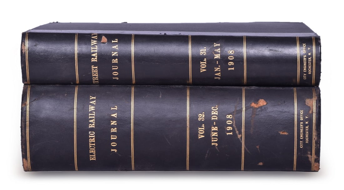 1908 Street & Electric Railway Journal Encyclopedias Volume 31 and 32: A pair of 1908 Street Railway Journal encyclopedias by McGraw Publishing Co. for the City Engineer's Office Rochester New York, measuring 9 1/2" x 11 3/4" with hardbound cover, leather spine and corne