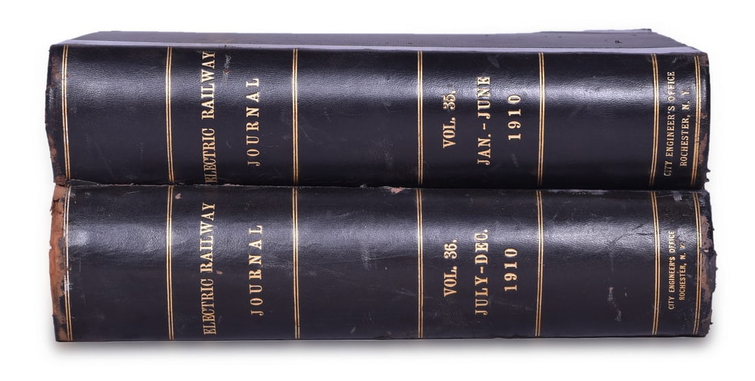 1910 Electric Railway Journal Encyclopedias Volume 35 and 36: A pair of 1910 Electric Railway Journal encyclopedias by McGraw Publishing Co. for the City Engineer's Office Rochester New York, measuring 9 1/2" x 11 3/4" with hardbound cover, leather spine and cor