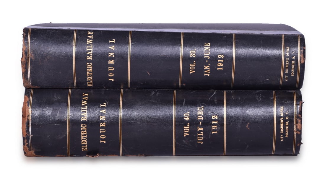 1912 Electric Railway Journal Encyclopedias Volume 39 and 40: A pair of 1912 Electric Railway Journal encyclopedias by McGraw Publishing Co. for the City Engineer's Office Rochester New York, measuring 9 1/2" x 11 3/4" with hardbound cover, leather spine and cor