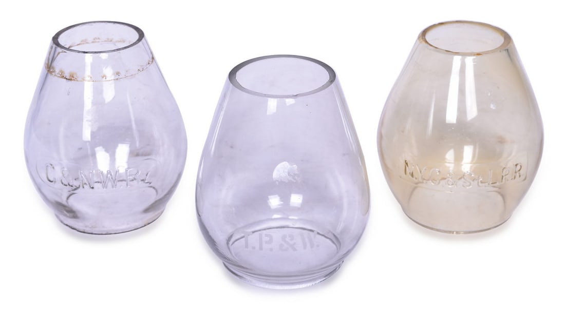 Three Railroad Lantern Globes - Chicago and North Western, Nickel Plate, Toldeo, Peoria & Western (1 of 2)