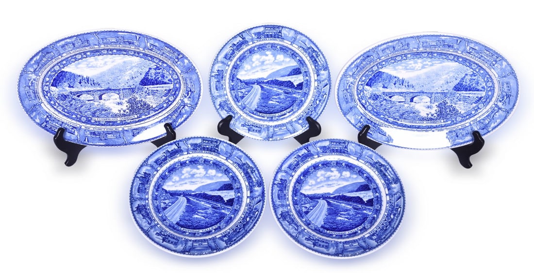 Baltimore & Ohio Railroad Centenary China Potomac Valley Plates and Cumberland Narrows Oval Platters: Five pieces of dining car china for the B&O Railroad in the Centenary pattern including three 8 1/4" plates with the Potomac Valley graphic, all bottom stamped Scammell's Lamberton Patent Applied For.