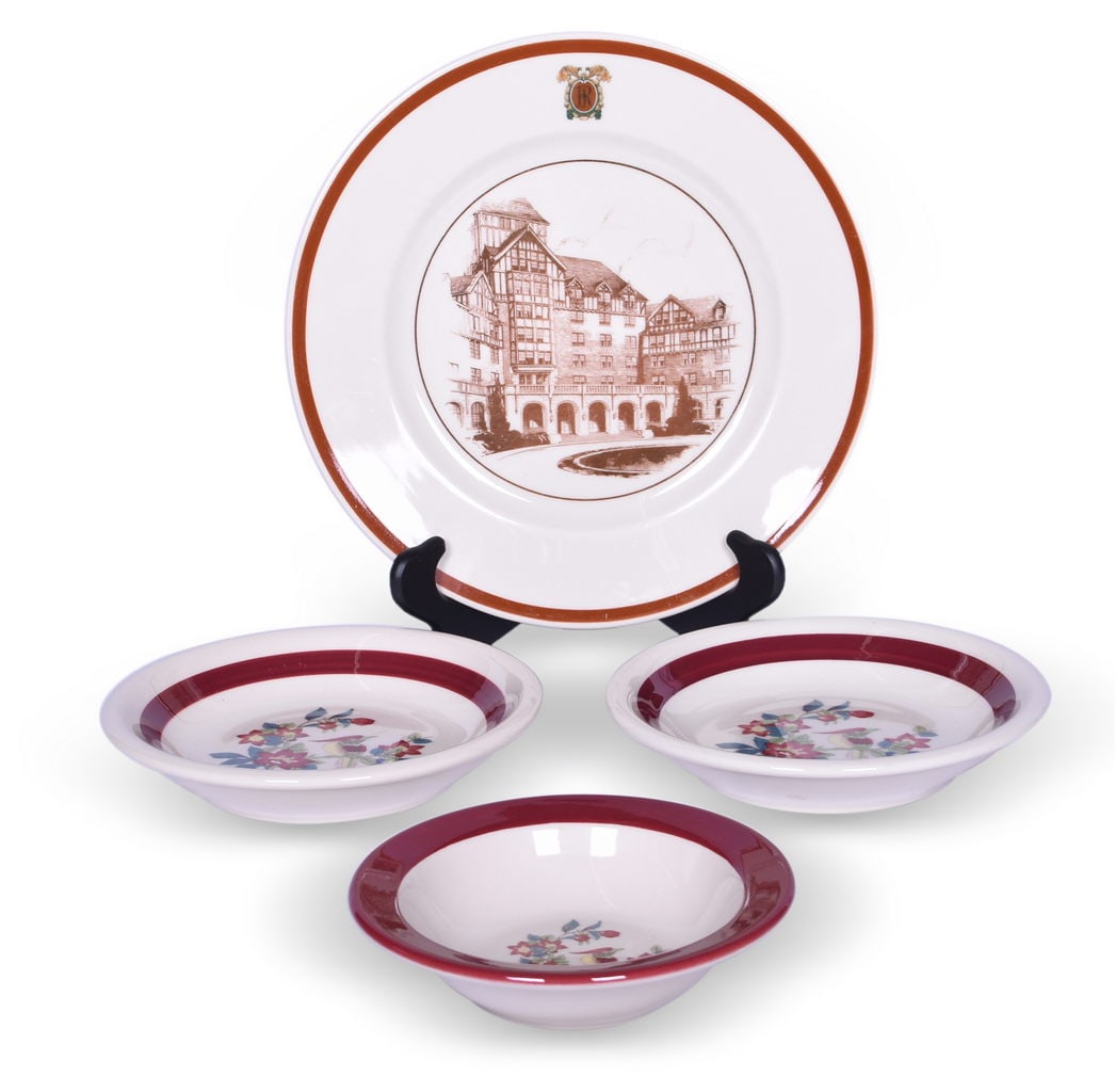 Four Pieces of Norfolk & Western Railroad China - Yellow Bird Bowls and Hotel Roanoke Plate: A small group of railroad china for the Norfolk and Western Railroad including three bowls in the Yellow Bird pattern. This was an Exclusive Use, post WW II pattern used on The Pocohontas and The Powh