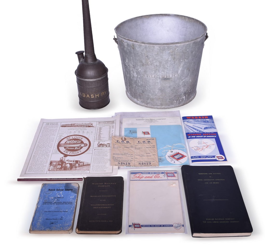 Wabash Railroad Steel Bucket, Tall Oil Can, and Paper Ephemera: Group includes a steel bucket embossed WABASH RY on the side, measuring 9 3/4" tall x 12 3/8" diameter, showing moderate discoloration from use and some wear to the wooden handle. A 26 3/4" tall tinwa