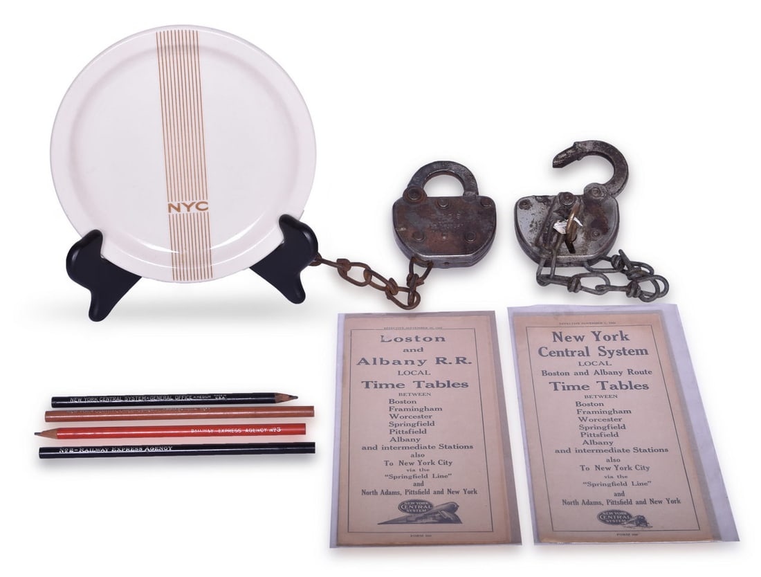 New York Central System Railroad Items - Mercury China Plate, Boston & Albany Timetables, Locks, (1 of 3)