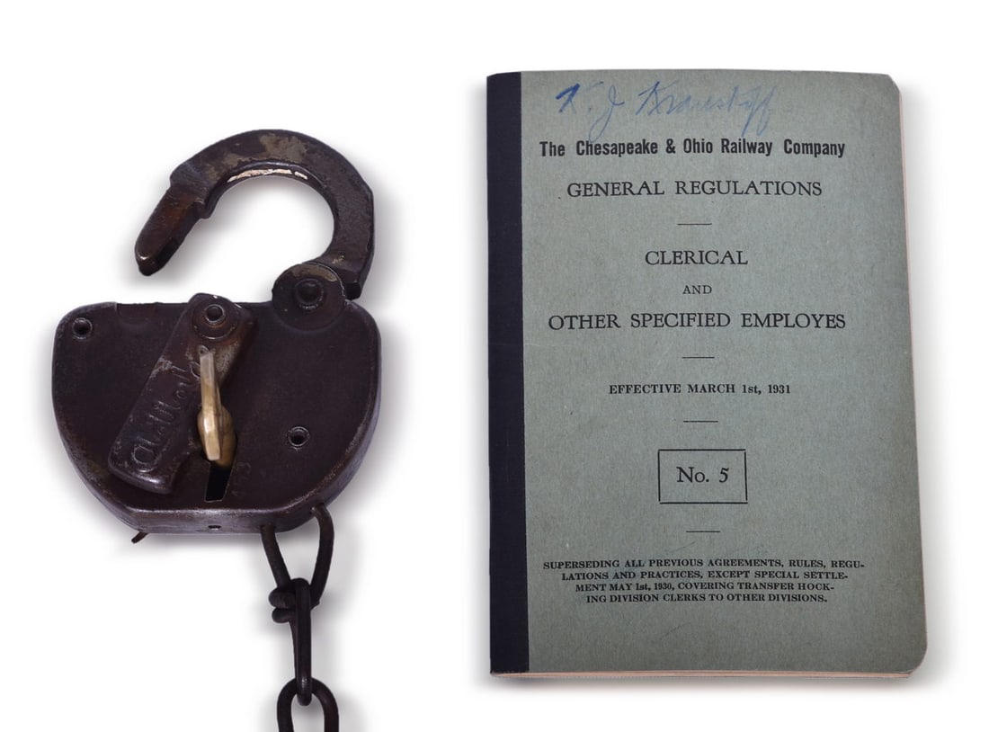 Chesapeake and Ohio Railroad Adlake Lock, Brass Key, and 1931 General Regulations Book (1 of 3)