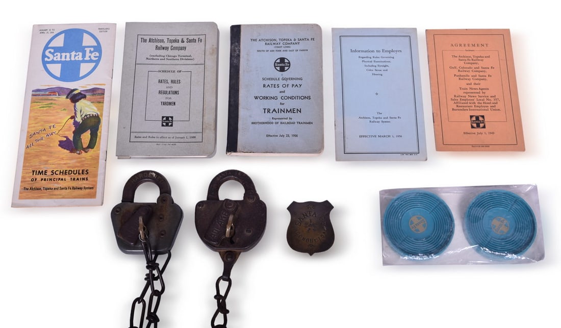 Atchison, Topeka and Santa Fe Railway Conductor Badge, Locks, Brass Keys, Paper Ephemera, and New (1 of 3)