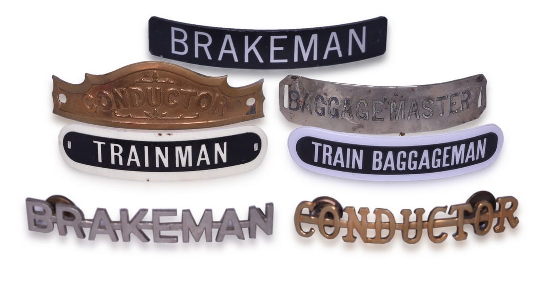 Seven Railroad Uniform Cap Badges - Conductor, Brakeman, Baggage Master, Trainman, and Train (1 of 3)