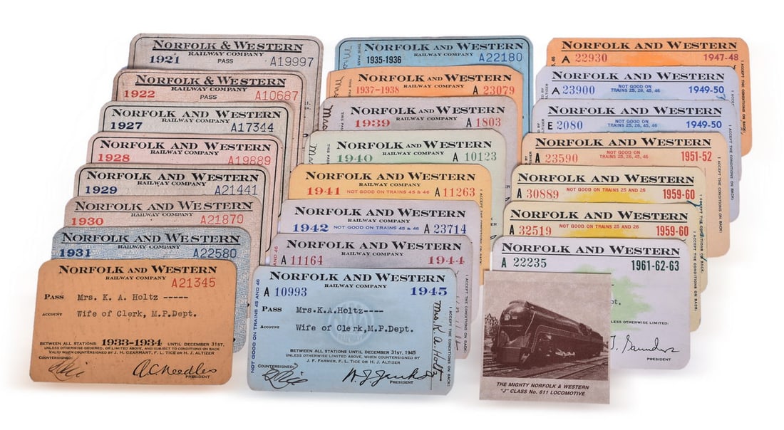 Twenty-Three Norfolk and Western Railroad Annual Passes - 1921 to 1963 (1 of 3)