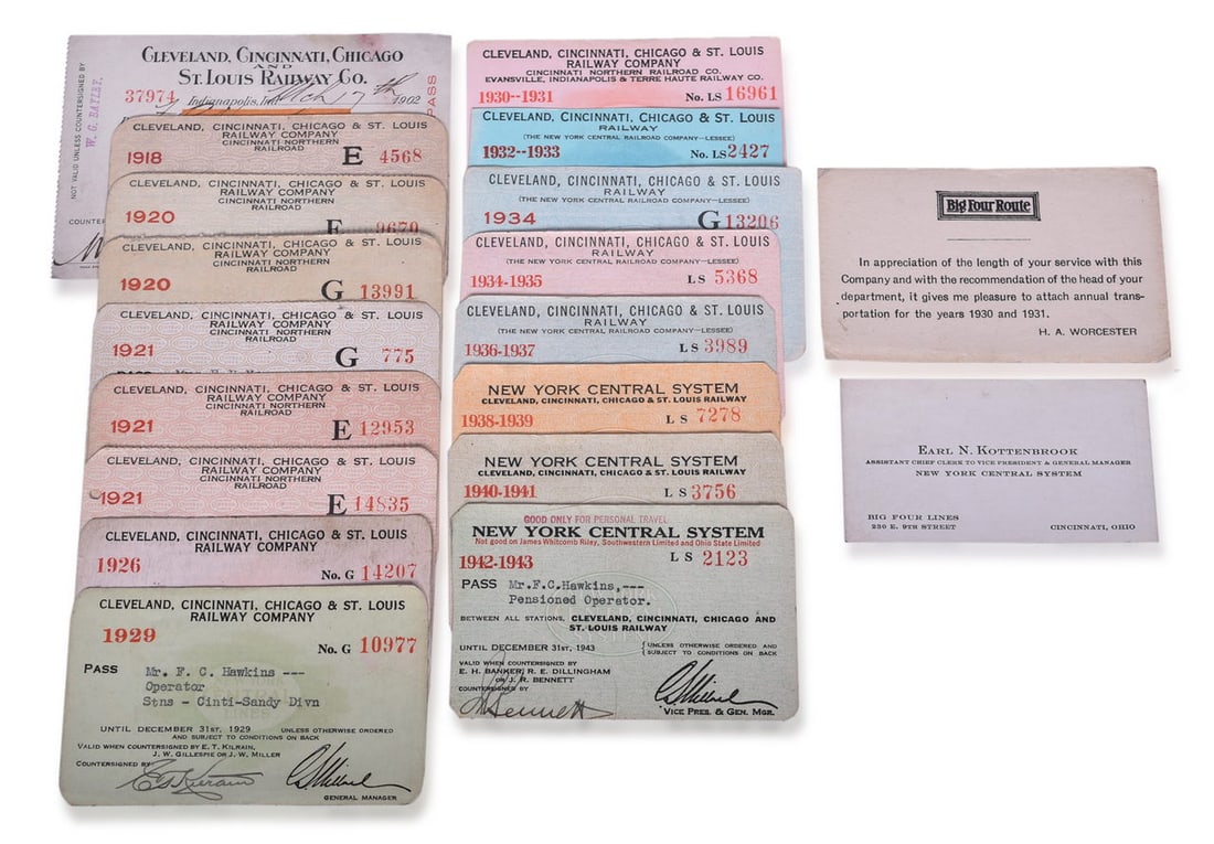 Seventeen Cleveland, Cincinnati, Chicago & St. Louis Railway Annual Passes and Trip Pass - 1902 to: A group of Big Four Railroad annual passes and a 1902 Employee trip pass. Includes a set of annual passes for Mr. FH Young of Toledo & Ohio Central and wife for years 1918, 1920, and 1921. Nine annual