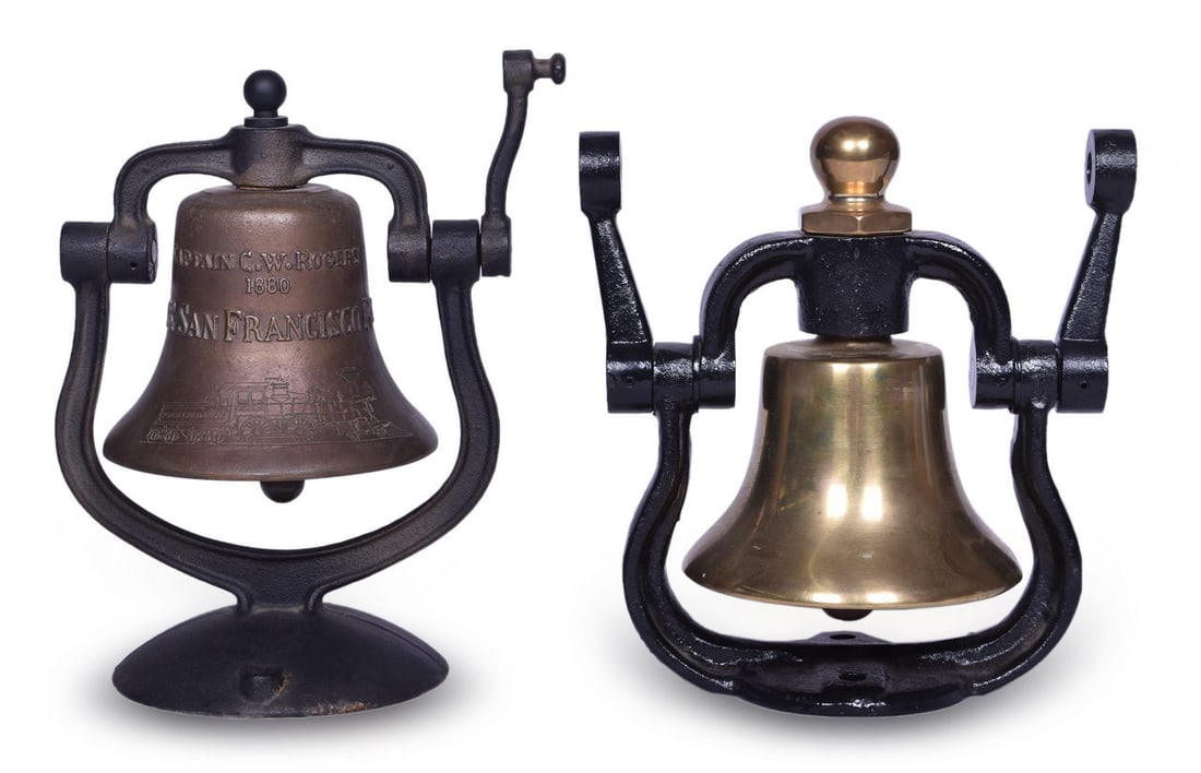 Pair of Desk / Park? Locomotive Bells Including 1980 Frisco and 5 1/2" Brass with Iron Cradle (1 of 6)
