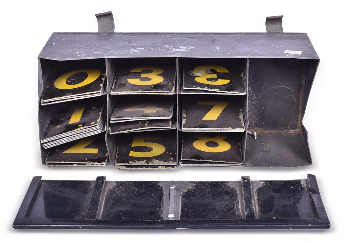 Passenger Car Number Board and Numbering Set: Passenger Car Number Holder appears to be missing divider section from middle of holder. Includes carrying case with original number assortment (all digits except 6 and 9 present). Numbers do fit the