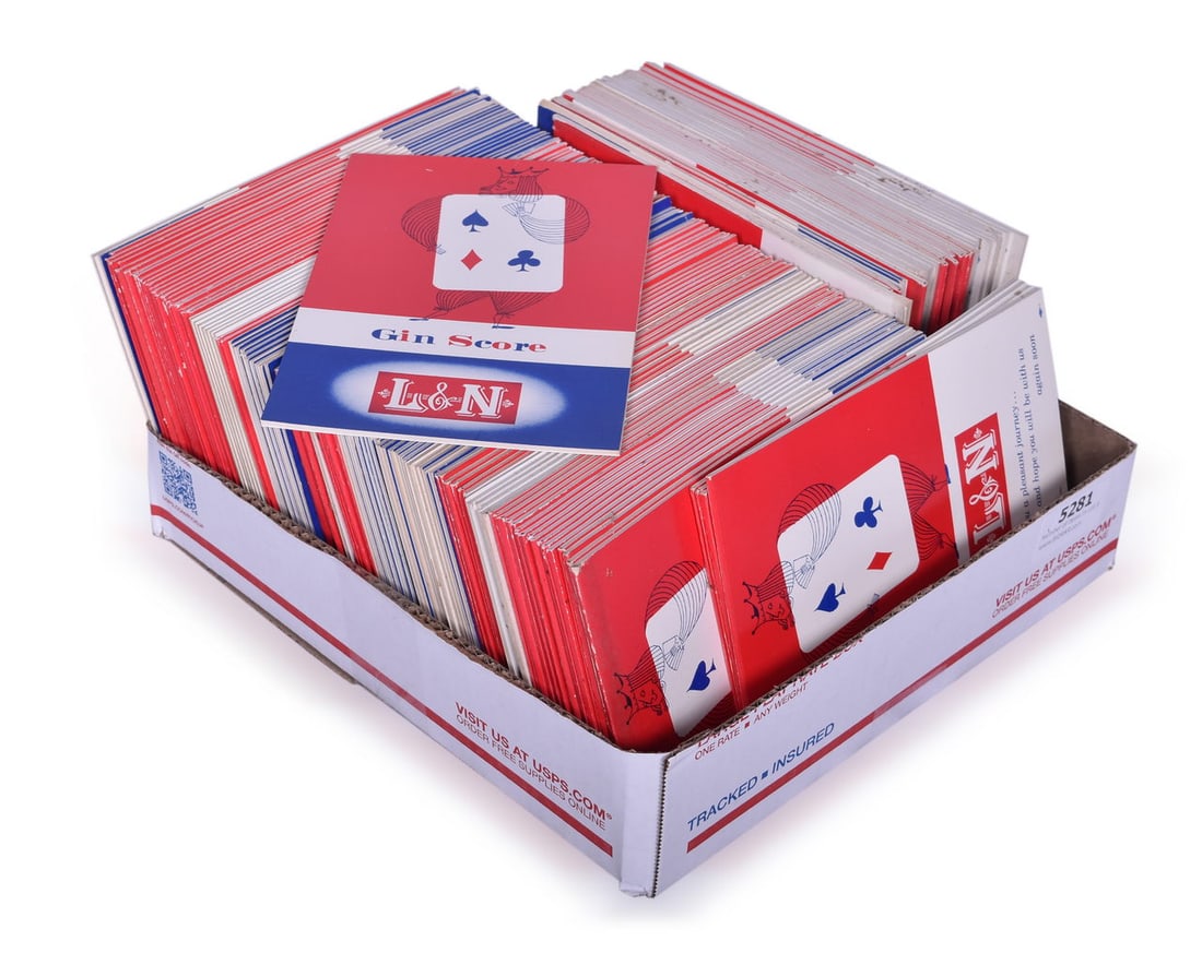 One Hundred and Thirty-Eight Louisville & Nashville Railroad Gin Score Pads From 1955: A large group of Gin score sheet pads marked for the Louisville and Nashville Railroad. The front cover has the L&N box logo and Gin Score graphics. The back has a similar graphic and Copyright 1955 H