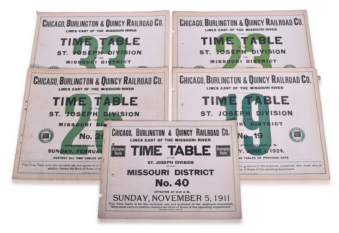 Five Chicago Burlington and Quincy Railroad Employee Large Format Timetables - 1911, 1924, 1926, (1 of 3)