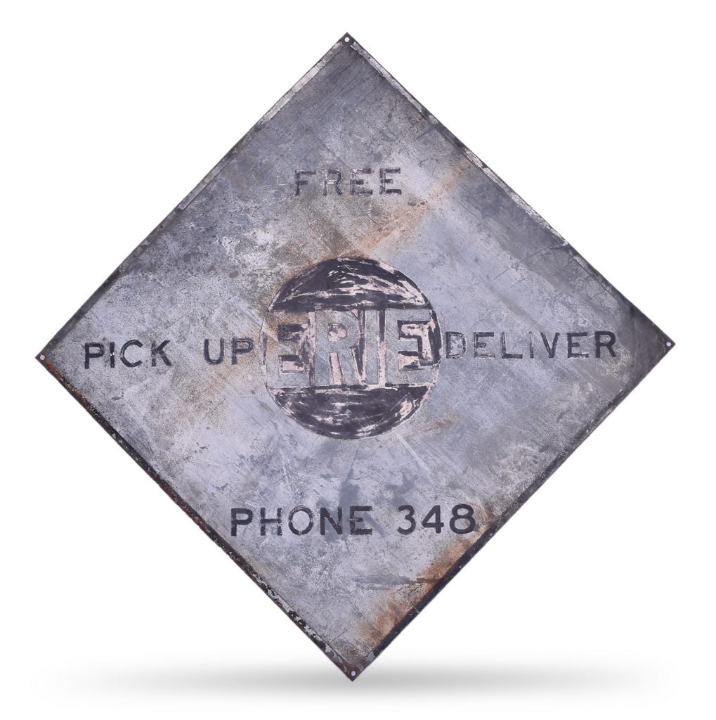 Erie Railroad Painted Steel Depot Sign - Free Pickup and Delivery: Neat single sided painted steel sign. Measures 35 1/2" inches in diameter. Moderate weathering creates a nice patina. Good mounting holes. See photos for best description.
