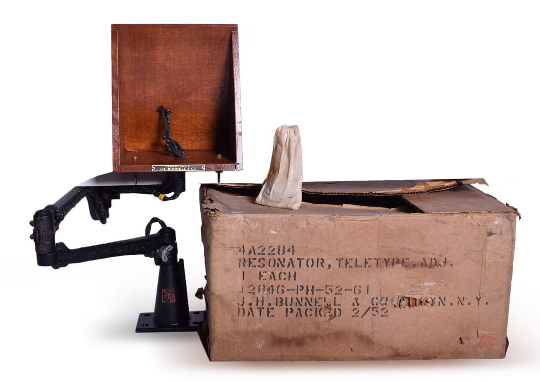 New Old Stock J.H. Bunnell Telegraph Desk Mount: Complete new old stock desk mount with wooden sounder resonator box shelf with a brass Manufactured By J.H. Bunnell & Co. tag on the front and attached brass hardware. Shelf measures approximately 6 5