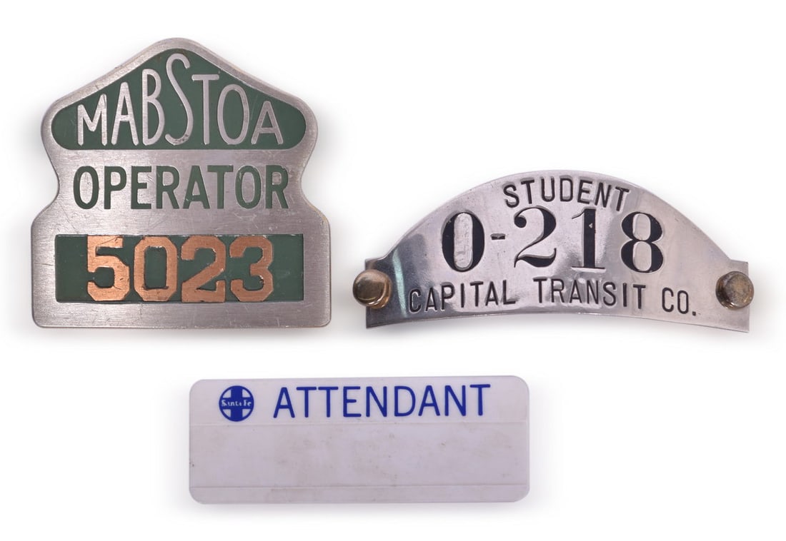Three Operator/Attendant Badges - MaBSTOA, Capital Transit Co., and Santa Fe Railroad (1 of 3)