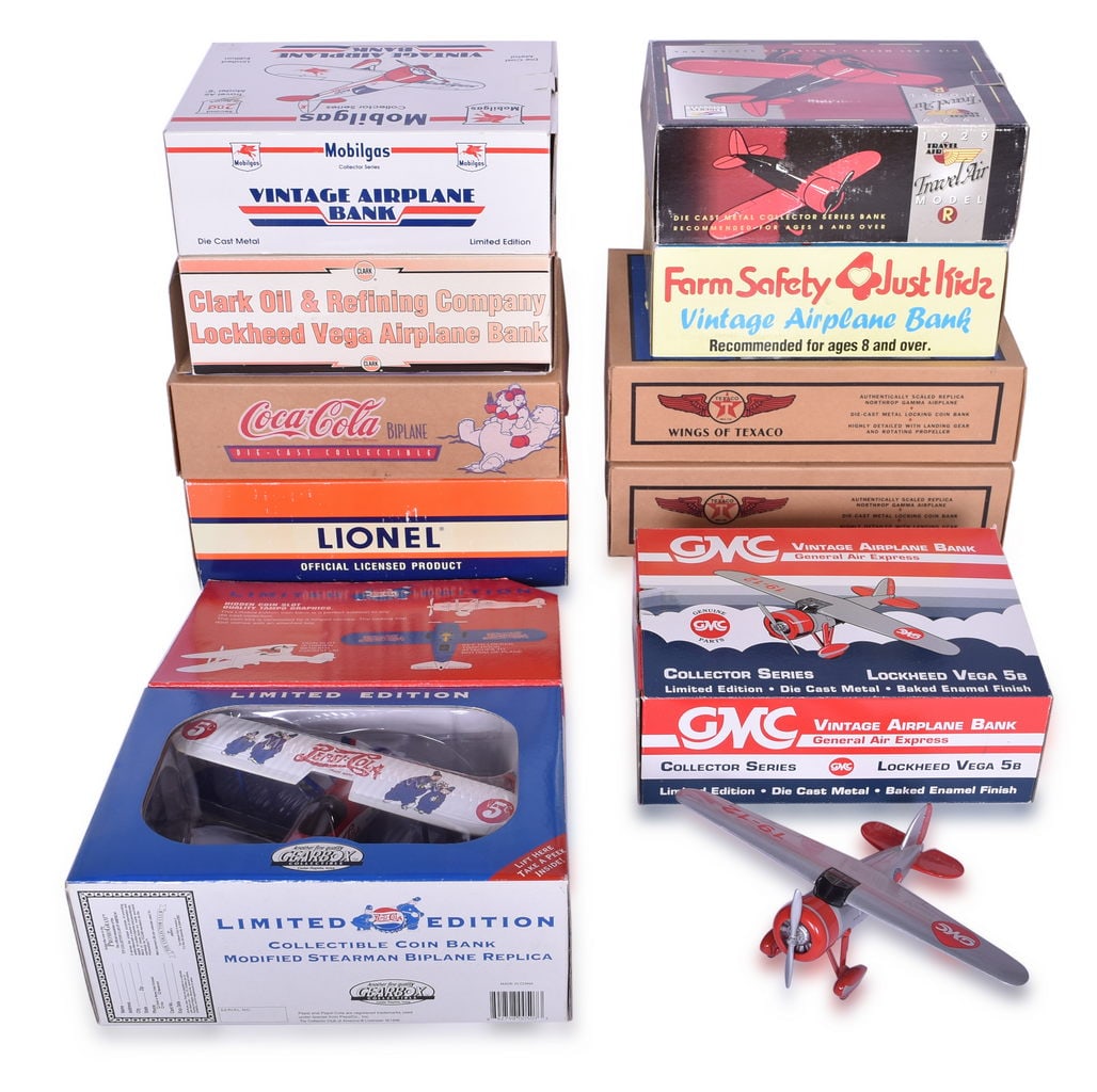 Ten Die Cast Airplane Banks - Pepsi Cola, Clark Vintage, Mobilgas, Lionel, Texaco, Coca-Cola, (1 of 3)