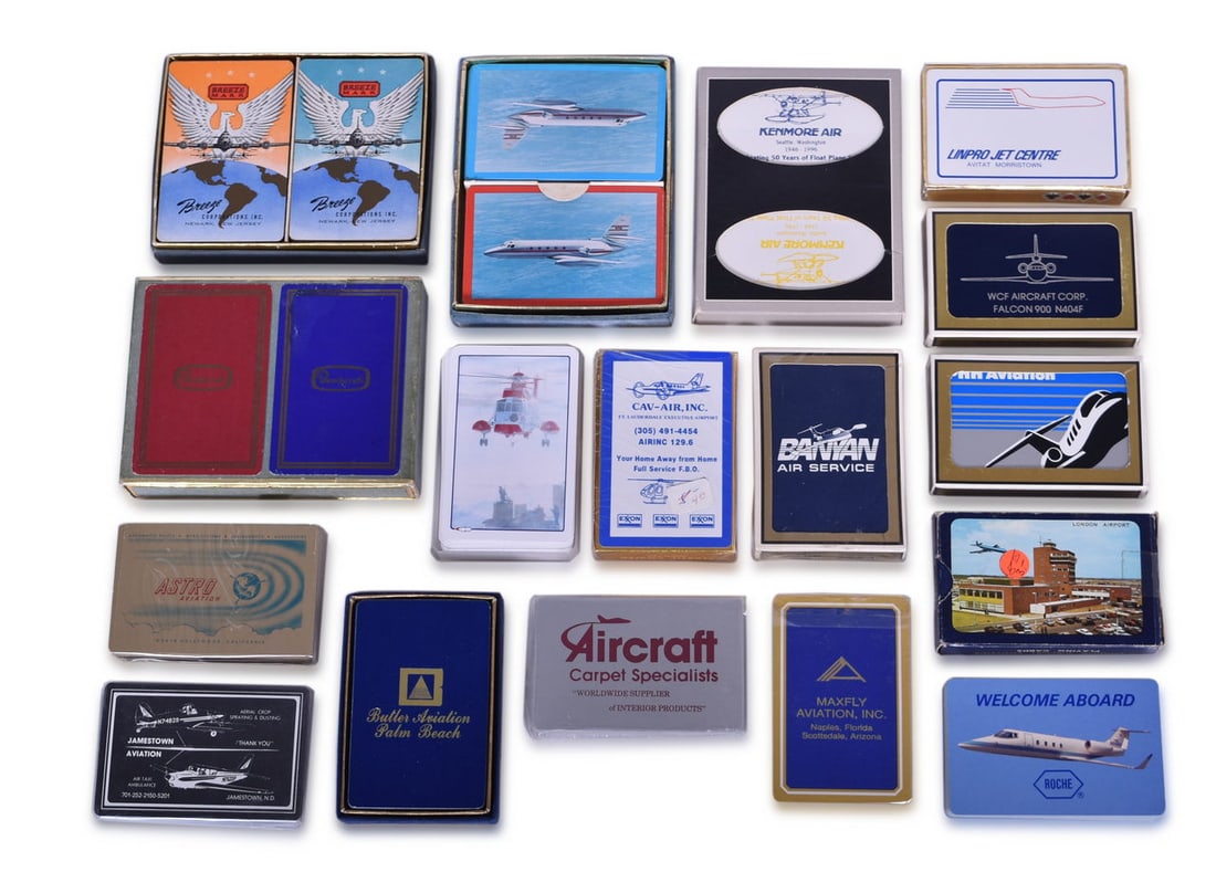 Twenty-One Aviation Playing Card Decks - Astro, Roche, Jet Star II, Breeze Mark, Beechcraft,: A mixed group of aviation playing card decks including new old stock. Double decks in flocked boxes include Beechcraft, Breeze Mark, and JetStar II, showing mild to moderate use with discoloration and