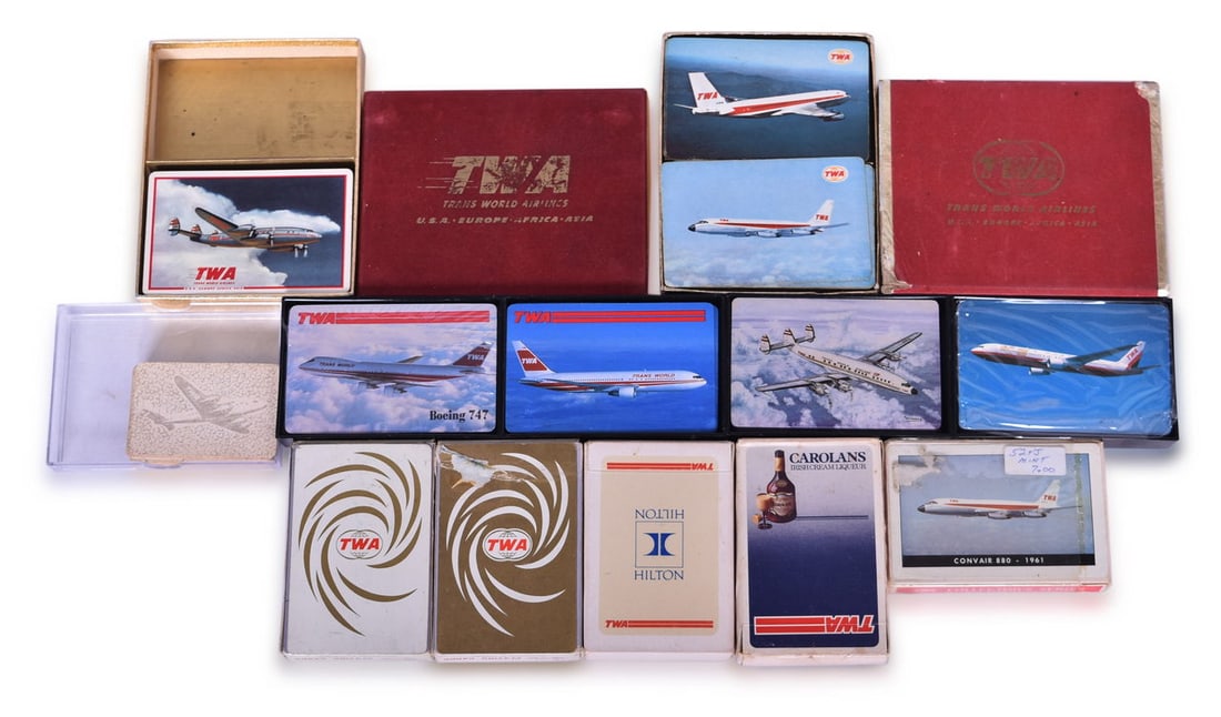 Thirteen TWA Trans World Airlines Playing Card Decks Advertising Boeing 747, Convair 880, Hilton, (1 of 3)