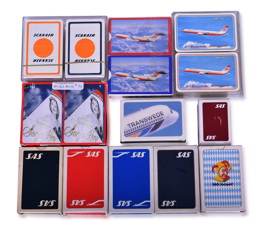Fifteen Scandinavian Airlines Playing Card Decks - SAS, Norwegian, Scanair, Transwede, and Sterling (1 of 3)