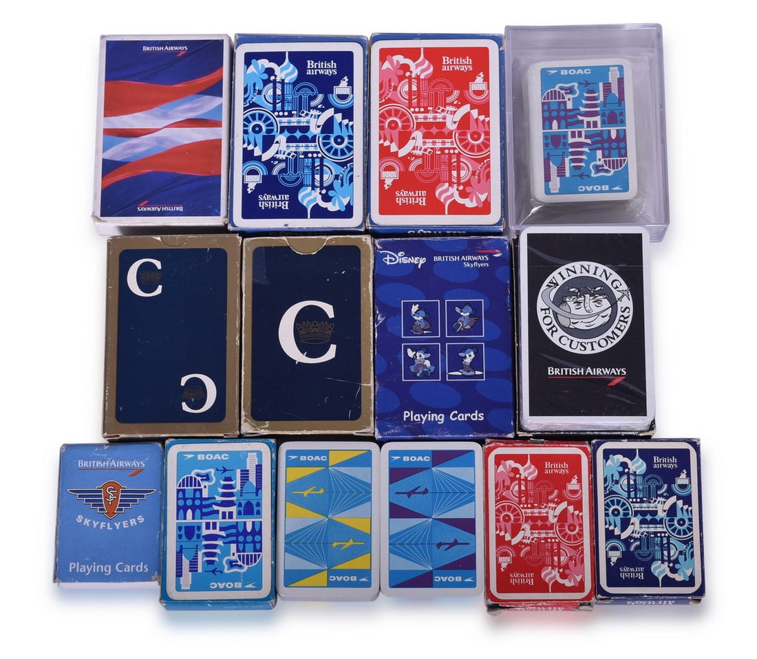 Fourteen British Airways Playing Card Decks - Airline Advertising BOAC, Concorde, Disney, Skyflyers: Collection of airline playing cards advertising British Airways including seven mini decks. Includes a pair of sealed decks with graphic designs in red and blue. A pair of smaller decks in the same de