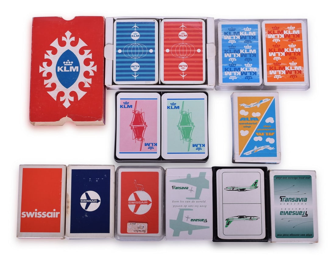 Thirteen European Airline Playing Card Decks Advertising KLM Royal Dutch, SwissAir, Transavia, and (1 of 3)