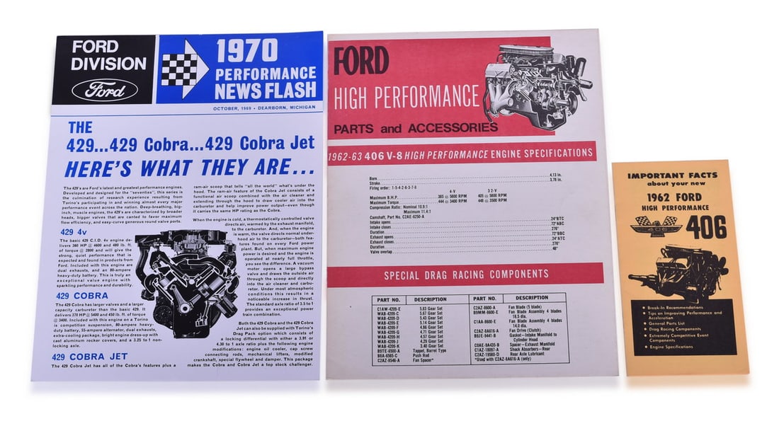 1969 Ford 429 Car Engine Dealer Spec Sheet, 1962 406 High Perform. Parts List, and more! (1 of 3)