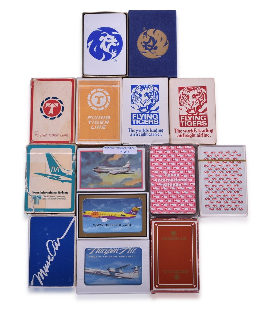 Thirteen Airline Playing Card Decks Advertising Trans International, Trans Texas, Flying Tigers, MGM (1 of 3)