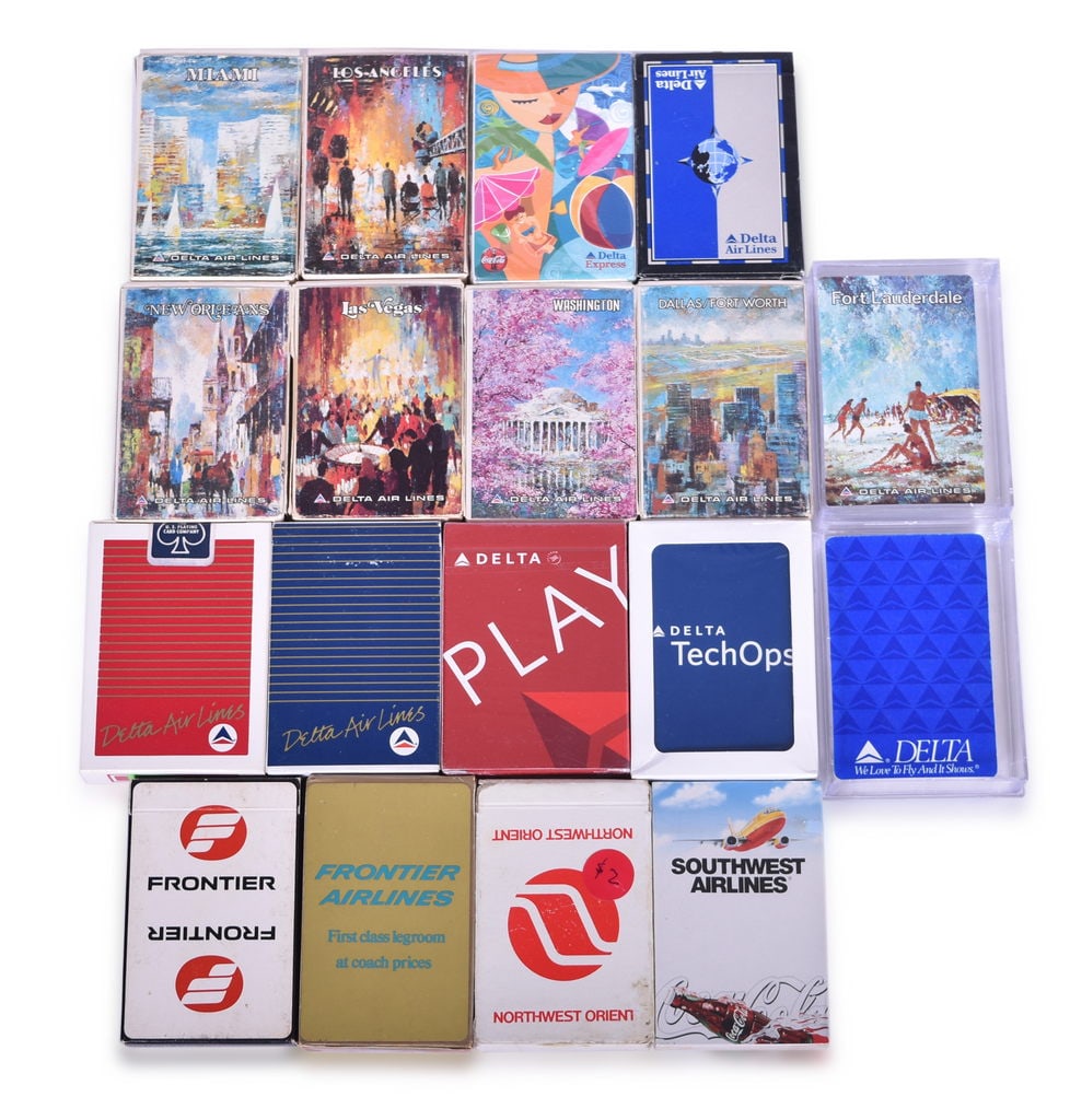 Eighteen Airline Playing Card Decks Advertising Delta, Frontier, Southwest, and Northwest Orient (1 of 3)