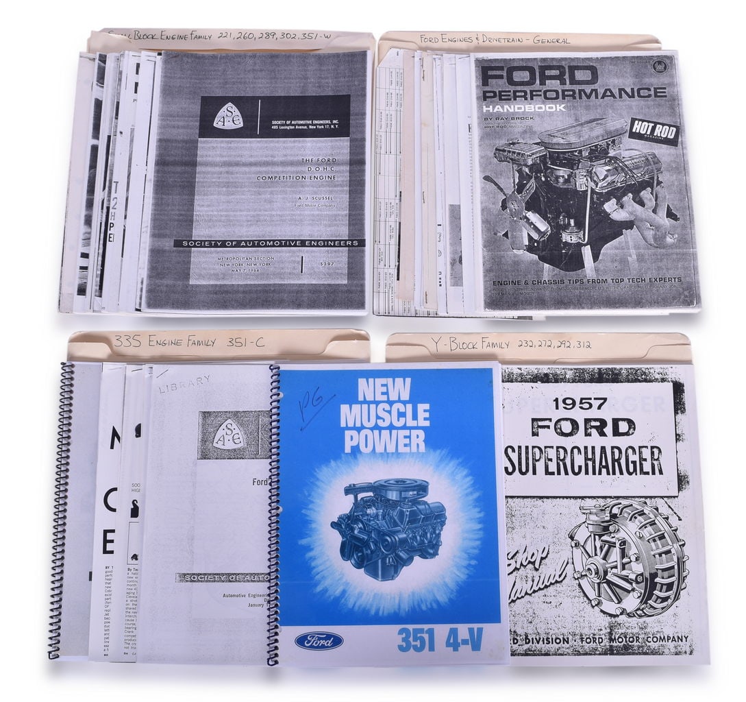 Tom Shaw Automobile Engine Block Research Files: Four Engine Block intensive folders from the collection of writer and editor Tom Shaw. Folders are divided up into Small Engine Block family (221, 260, 289, 302, 351-W), Ford Engines and Drivetrain -