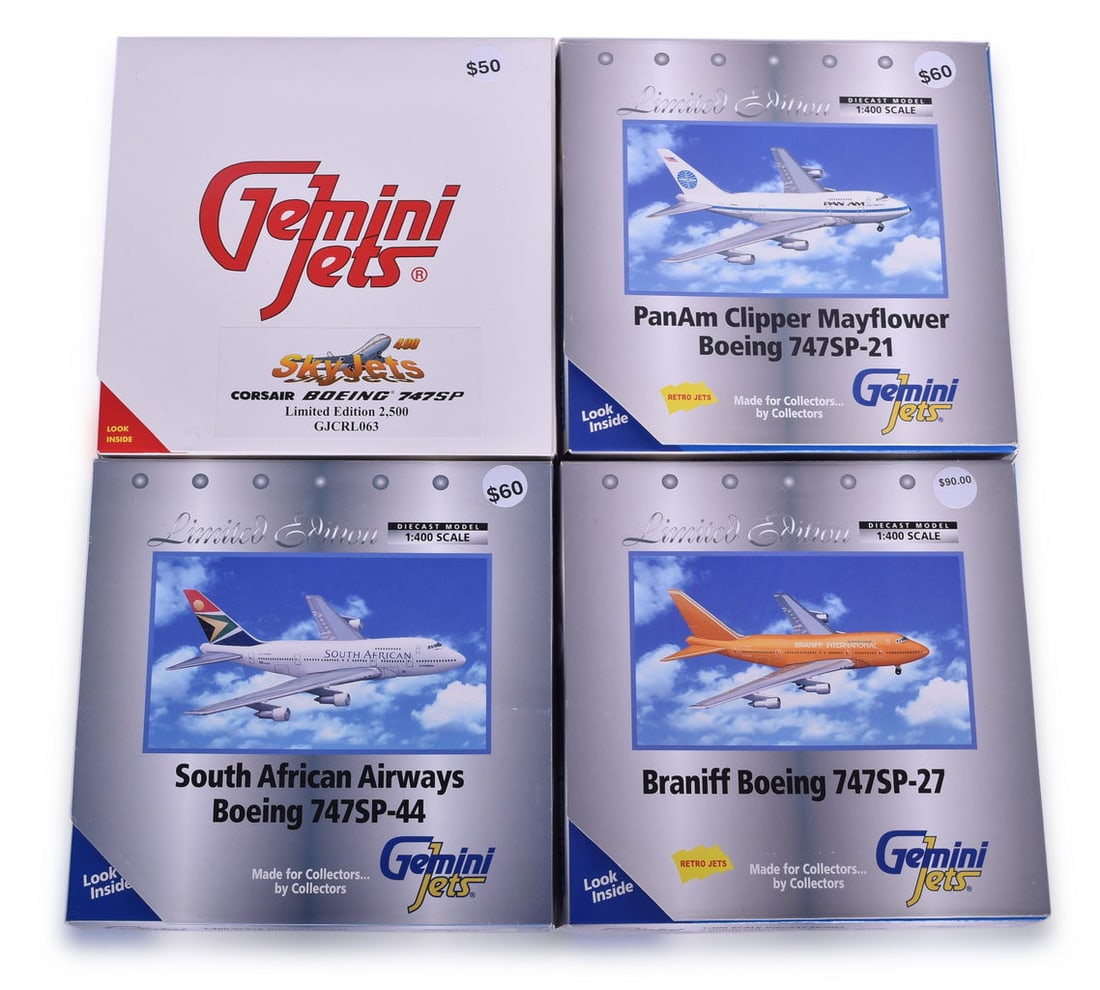 Four Gemini Jets Die Cast 747 Airplane Models - Corsair, South African, Braniff, PanAm (1 of 3)