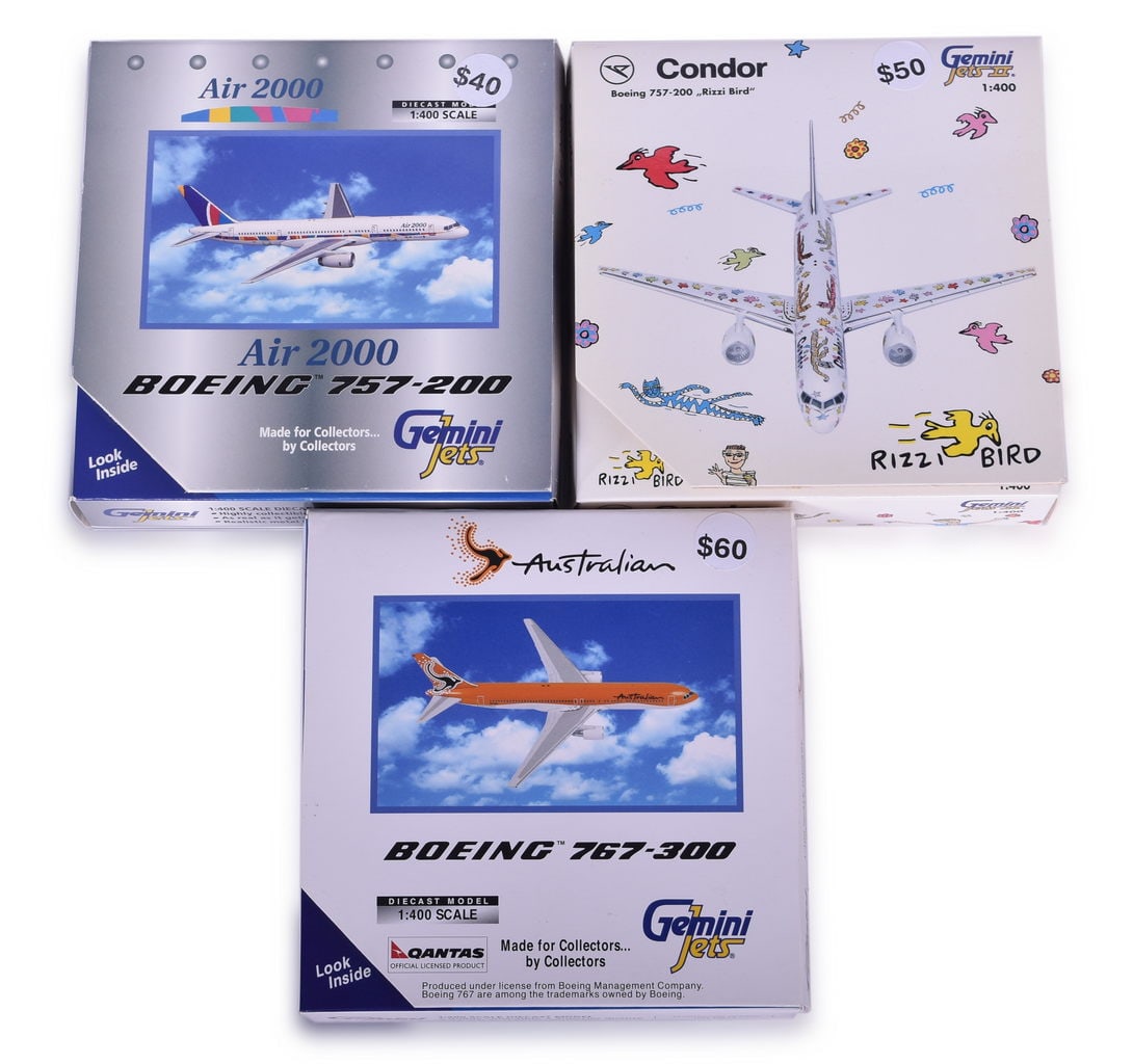 Three Gemini Jets Die Cast 757/767 Airplane Models- Condor "Rizzi Bird", Australian, Air 2000: Gemini Jets die cast 1:400 scale airplane models including:GJCFG329 Condor "Rizzi Bird" 757-200GJQFA321 Australian 767-300GJAMM068 Air 2000 757-200All are in original boxes with stand in bag and all p