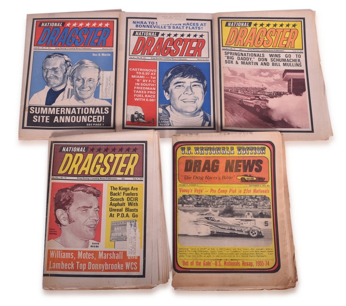 Five 1971 National Dragster Newspapers: Five 1971 National Dragster Newspapers, dated March 5, March 12, June 18, August 6, and September 6. Some highlights are news on Sox & Martin, "Big Daddy" Don Garlits, Larry Reyes, and others. Papers 