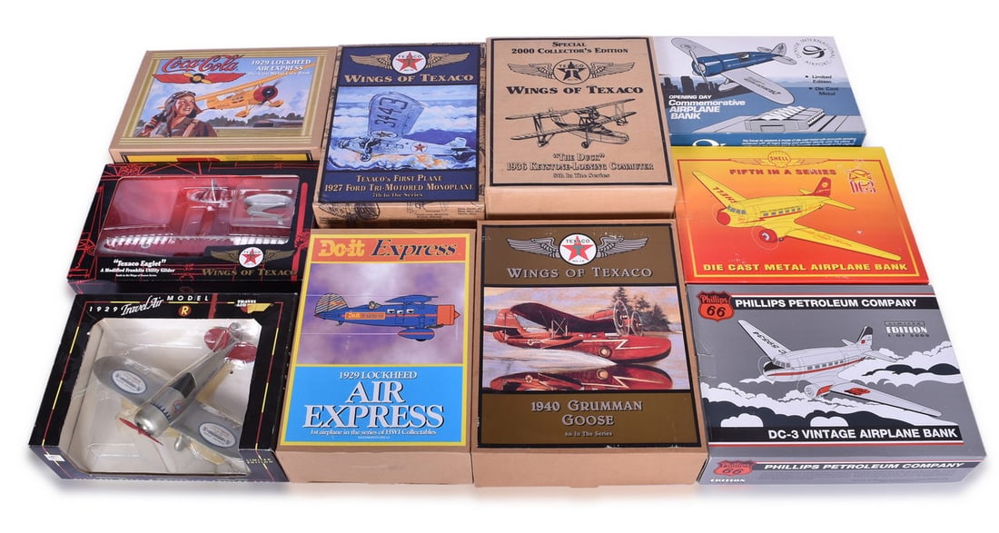 Ten Vintage Airplane Coin Banks - Wings of Texaco, Shell Petrol, Phillips Petroleum, Denver: Ten Vintage Die Cast Metal Airplane Coin Banks, includes:Wings of Texaco 1940 Grumman GooseWings of Texaco 1936 Keystone-Loening Commuter "The Duck"Wings of Texaco 1927 Ford Tri-Motored MonoplaneWings
