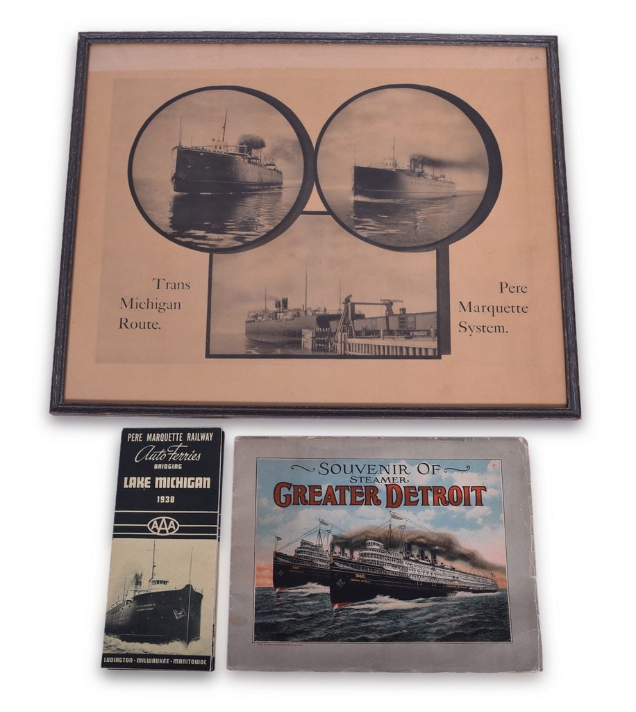 Pere Marquette Railroad System Steamship Poster, 1938 Auto Ferries Brochure, and D&C Steamer Greater (1 of 6)