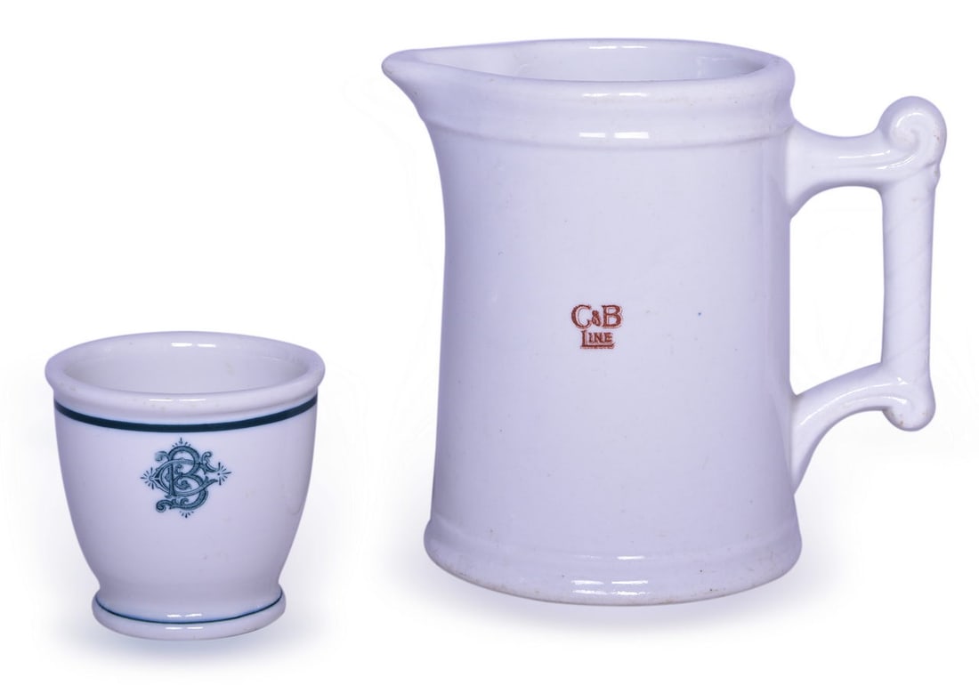 Cleveland & Buffalo Transit Co. C&B Line Steamship China Pitcher and Double Egg Cup: A pair of steamship dining china items for the Cleveland & Buffalo Transit Co. C&B Line including a 6 1/4" tall pitcher side marked C&B Line, manufactured by Greenwood China, showing a few light scrat
