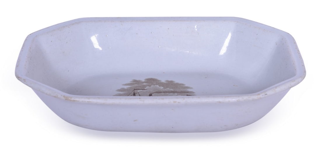 Rare EB&S Ward's Steamers Mayer's Real Ironstone Steamship China Octagonal Serving Bowl: An early steamship long bowl from the mid 1800s top marked E.B.&S. Ward's Steamers with steamboat graphic. Bottom marked Imported by Jenness & Mather Detroit Mayer's Real Ironstone Prize Medal 1851. M
