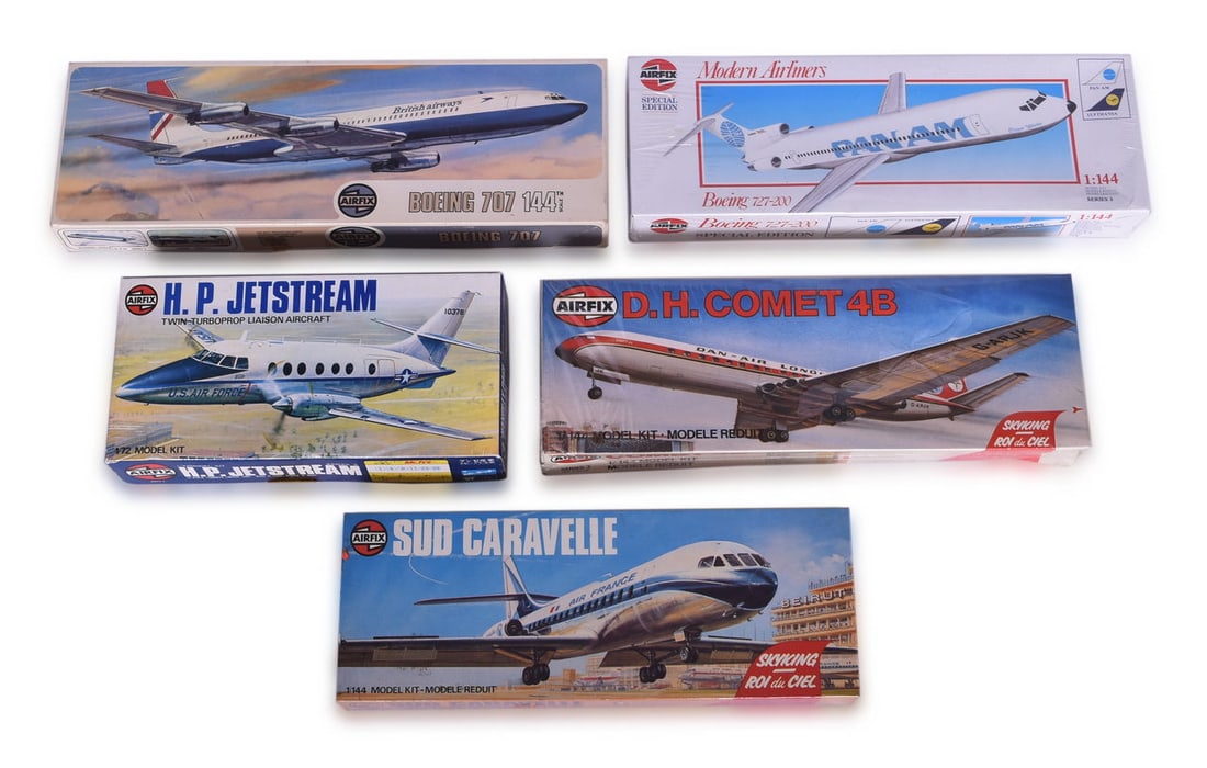 Five Airfix Airplane Model Kits - Sud Caravelle, H.P. Jetstream, Comet 4B, 727, 707 (1 of 3)