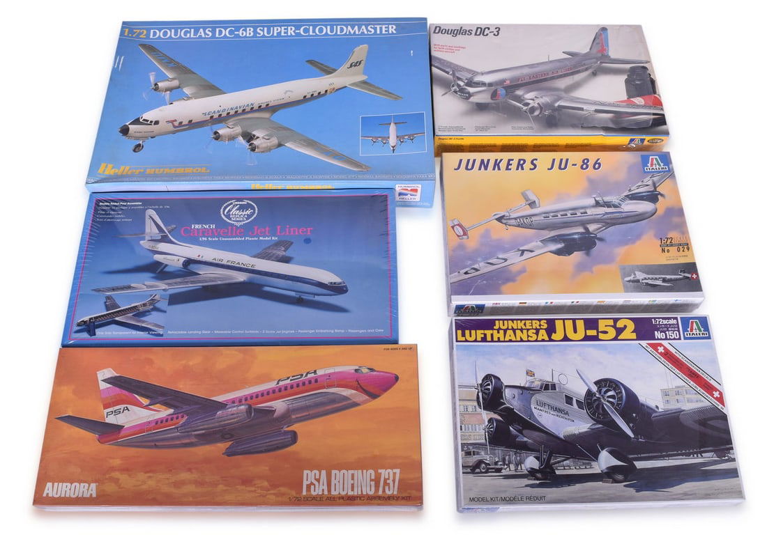 Six Mixed Airplane Model Kits - Aurora PSA Bowing 737, Italeri Fly-Eastern DC-3, and More! (1 of 2)