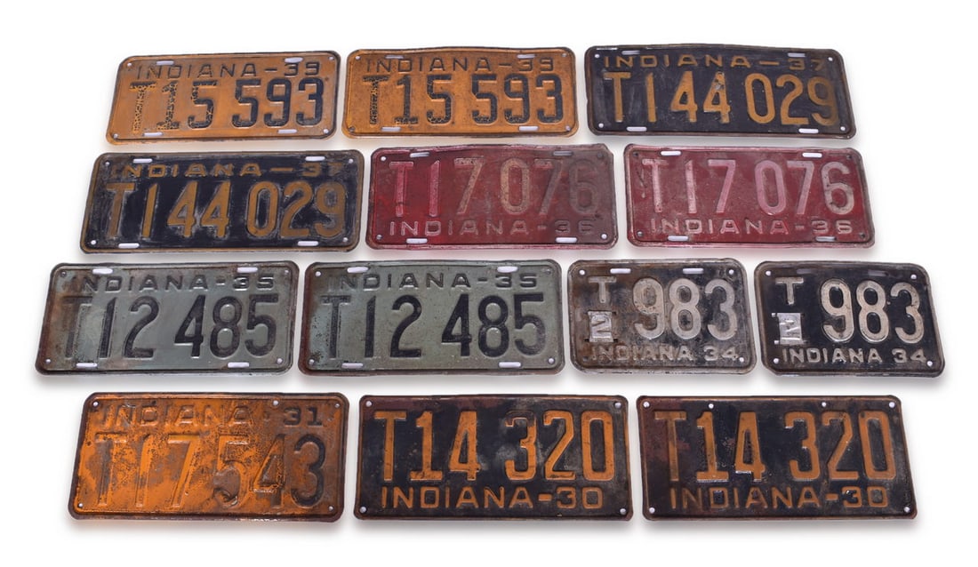 Thirteen Vintage 1930s Truck and Tractor Indiana License Plates Including Matched Pairs (1 of 3)