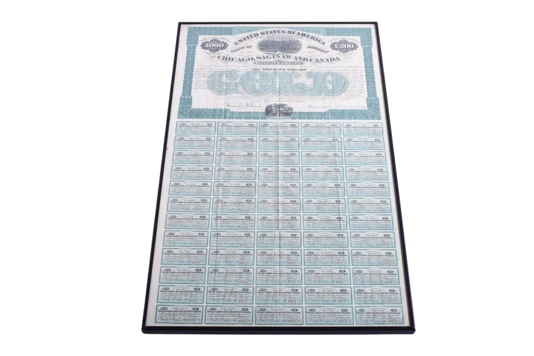 1873 Chicago, Saginaw & Canada Railroad Framed $1000 Gold Bond Certificate (1 of 4)