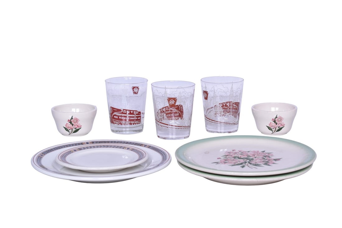 Nine Pieces of Pennsylvania Railroad Dining China and Glassware - Purple Laurel and Mountain Laurel (1 of 3)