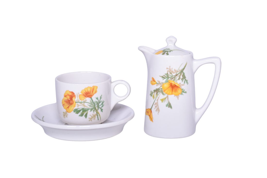 Atchison, Topeka, & Santa Fe Railroad China California Poppy Chocolate Pot, Cup, and Saucer (1 of 3)