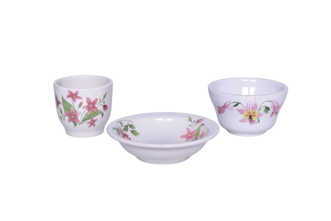 Three Pieces of Great Northern Railroad China Mountains and Flowers Double Egg Cup, Bouillon Cup,: A set of dining car china for the Great Northern Railroad in the Mountains and Flowers pattern, including a 4" diameter bouillon cup by Sterling, bottom stamped Great Northern RY C-2, showing light sc