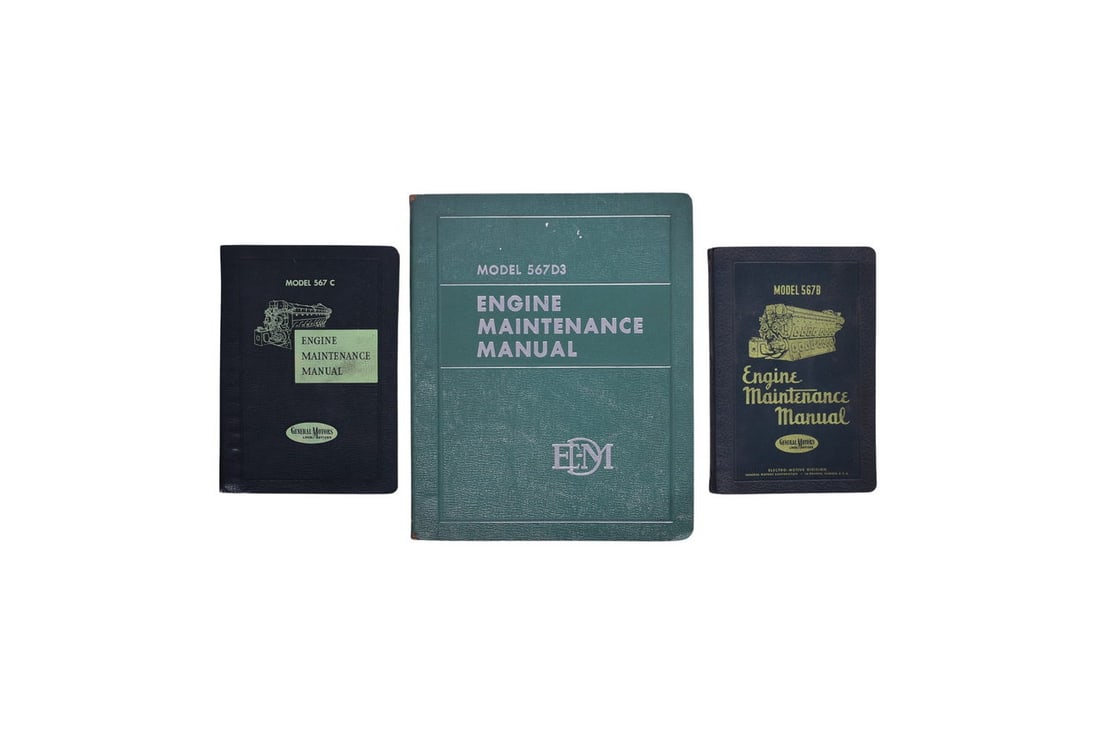 Three Engine Maintenance Manuals for the Model 567 B, C, D3 Locomotive Engines: Three Engine Maintenance Manuals, one each for the 567 B, 567 C, and 567 D3 engine. The 567 C manual has a date of May 1959, the others do not appear dated. All three are in fairly good condition with